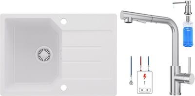 Anycee MAX Spoelbak Keuken 65x45CM - Granieten Spoelbak Wit - Wasbak Keuken Met Lagedruk Keukenkraan en Zeepdispenser - Spoelbakken Keuken Met Kraangat - Met Druiprek en Sifon