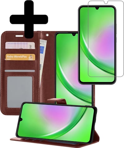 Hoesje - Met Screenprotector - Geschikt voor Samsung Galaxy A34 - Luxe Pasjeshouder - Bookcase Portemonee - Flip Case - Kunstleer Book Case - Flipcase - Book Cover - Walletcase - Portemonneehoes - Telefoonhoesjes - Bruin