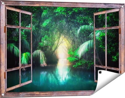 Gards Tuinposter Doorkijk Tropische Jungle met een Turquoise Meer - 90x60 cm - Tuindoek - Tuindecoratie - Wanddecoratie buiten - Tuinschilderij