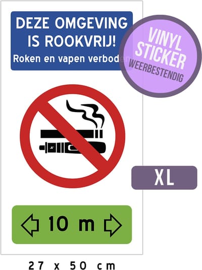 Pictogram/ vinyl sticker XL | "Deze omgeving is rookvrij! Roken en vapen verboden" <- 10 meter -> | 27 x 50 cm | Rookverbod | Dampen | Vape | School | Hoogwaardige sticker | Watervast | 1 stuk