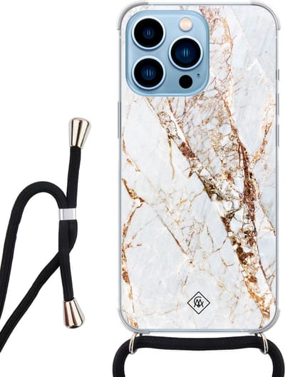 Casimoda® hoesje met koord - Geschikt voor iPhone 13 Pro Max - Marmer Goud - Afneembaar koord - Siliconen/TPU - Goudkleurig