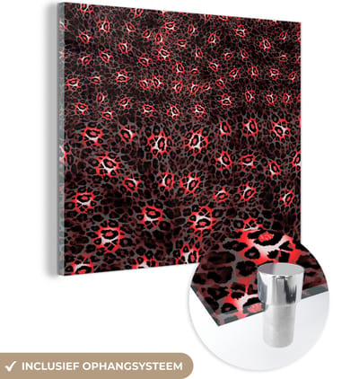 MuchoWow® Glasschilderij 50x50 cm - Schilderij acrylglas - Luipaard - Rood - Patronen - Foto op glas - Schilderijen