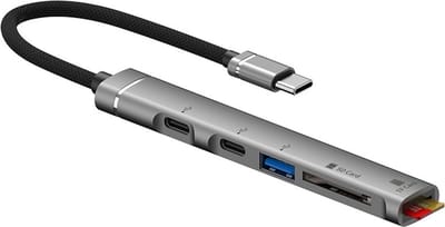 5-IN-1 USB-C naar 2X USB-C + USB 3.0 + SD + Micro SD (TF) - Kabel adapter hub lezer - geschikt voor Laptop en Macbook - grijs