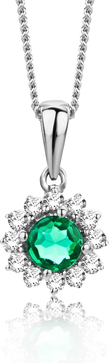 Miore Pure Collier Ketting Dames - 9 Karaat - Zilverkleurig - Diamanten en Groene Smaragd - 45 cm