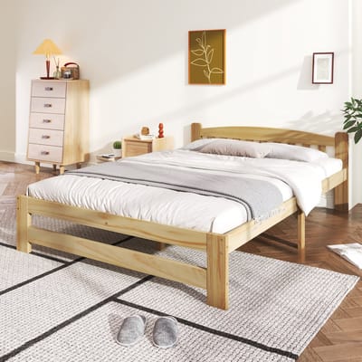 Sweiko Massief Houten bed Futon bed, Tweepersoonsbed, Massief Houten Natuurlijke bed met hoofdeinde en platte noedelslijst, jeugdbed, volwassen bed, Natuurlijk, 140x200cm(Geen matras)