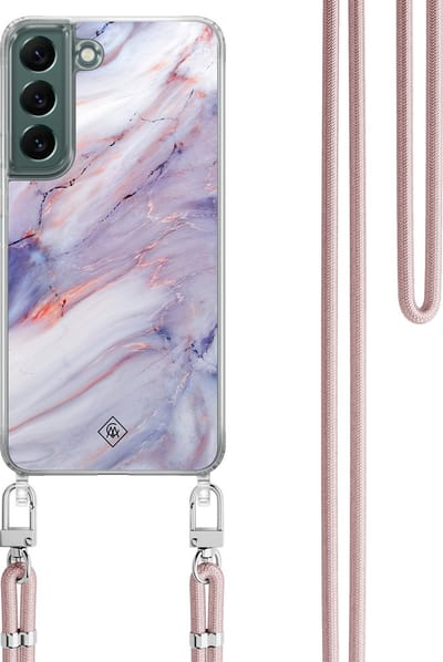 Casimoda® hoesje met koord - Geschikt voor Samsung S22 - Marmer Paars - Afneembaar koord - TPU/polycarbonaat - Paars