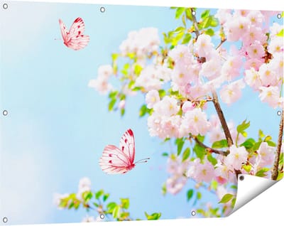 Gards Tuinposter Twee Roze Vlinders bij Roze Bloesem Bloemen - 120x80 cm - Tuindoek - Tuindecoratie - Wanddecoratie buiten - Tuinschilderij