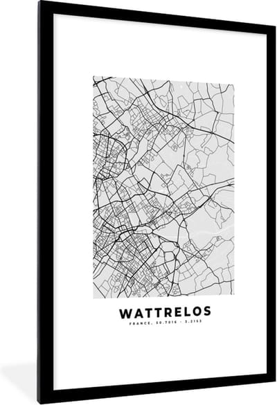 Fotolijst incl. Poster - Wattrelos - Plattegrond - Frankrijk - Kaart - Stadskaart - 80x120 cm - Posterlijst
