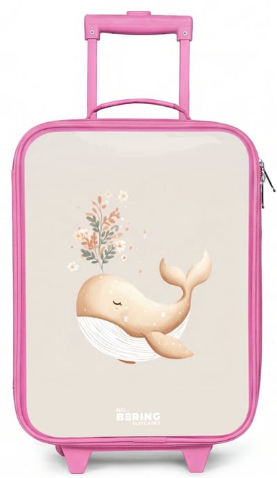 NoBoringSuitcases.com® - Kinderkoffer roze - Kindertrolley meisje - Walvis in pastel beige kleuren - Koffer kind lichtgewicht - Reiskoffer trolley voor kinderen - Koffertje met lichtgevende wieltjes - Rolkoffer