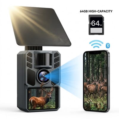Fokelyi - Wildcamera - Wildcamera met Zonnepaneel - Met Nachtzicht en WiFi - Wildlife Camera - Zonnepaneel Oplaadbaar - Incl. 64GB SD - 4K & 60MP