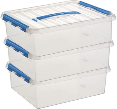 3x sunware q-line opberg box/opbergdoos - 12 liter - 40 x 30 x 14 cm - kunststof - opslagbox - transparant/blauw