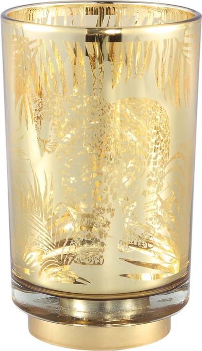 PTMD Jaymie LED windlicht L goud glas jungle print - Jaymie Gold Shiny glass L LED light jungle print