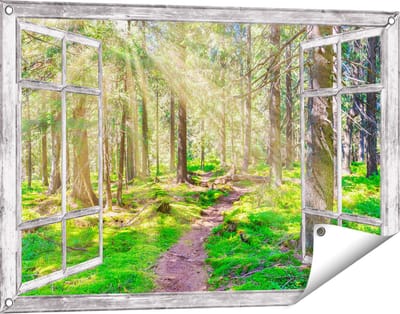 Gards Tuinposter Doorkijk Pad in Bos met Zon tussen de Bomen - 90x60 cm - Tuindoek - Tuindecoratie - Wanddecoratie buiten - Tuinschilderij