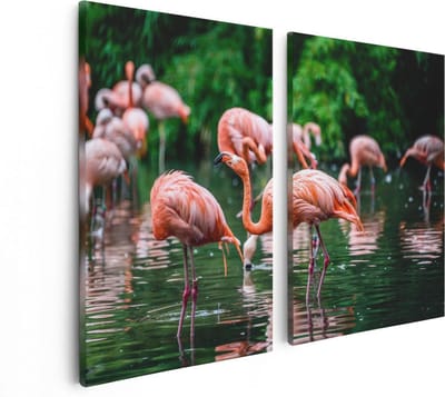 Artaza Canvas Schilderij Tweeluik Kudde Flamingo's in de Jungle in het Water - 80x60 - Foto Op Canvas - Canvas Print