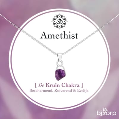 Bixorp Ruwe Amethist Ketting - S925 Zilver + Edelsteen Hanger - Onbewerkte Steen - Spirituele Chakra Ketting met Cadeau Kaartje - 45cm + 5cm verstelbaar