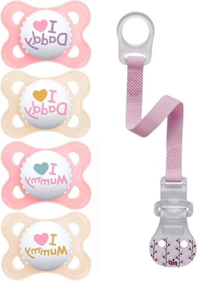 Siliconen fopspeen Skin Soft - mummy daddy - 0-6 Mo. Girl - set van 4 - steriliserende transportboxen