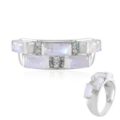 Cavill - Sterrenbeeld Ring - 925 Sterling Zilver - 5 Blauwe Maansteen 2 925 ct - 10 Ratanakiri Zirkon 0 18 ct - Modern Design