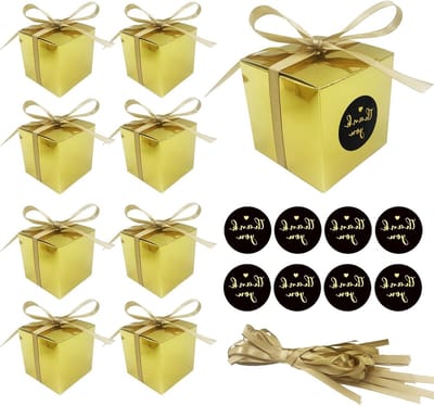 Dailygoods - DUGYIRS 50 Stuks Gouden Geschenkdozen Snoep Dozen 7.6x7.6x7.6cm Favor Geschenkdozen met Linten voor Bruiloft, Babyborrel, Verjaardag