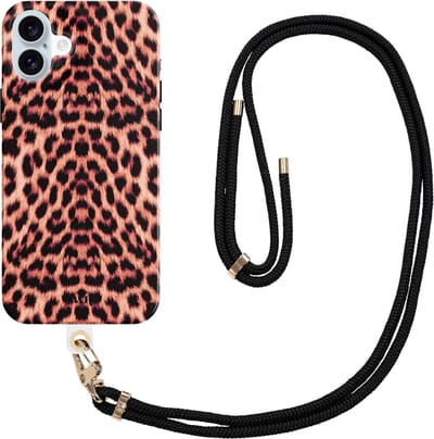 xoxo Wildhearts Leopard Dream Cord Case - Geschikt voor iPhone 16 - Kwalitatieve backcover met telefoonkoord - TPU Materiaal hoesje inclusief afneembaar telefoonkoord - Zwarte telefoonketting - Luipaard - Tijgerprint