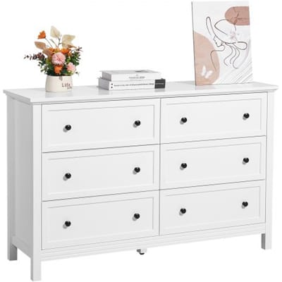 VEVOR ladekast met 6 laden, houten ladekast met schuif- en kantelbeveiliging, minimalistische retro ladekast, tv-standaard, organizer voor woonkamer, slaapkamer, entree (wit)