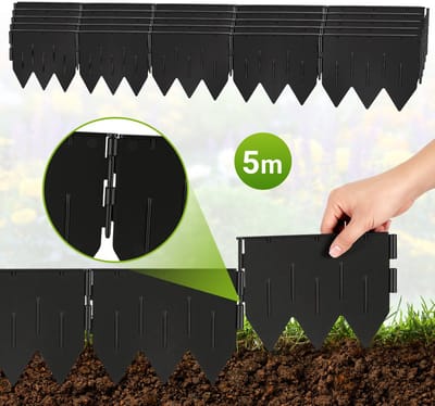 5m Grasrand, Kunststof Beeteindiging Tuinborder, 25-delige set (20x15 cm per stuk) met geïntegreerde driekantige voet, Zwart