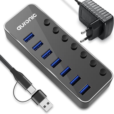 Auronic USB C Hub - USB Splitter met Voeding - 7 Poorten - USB 3.0 - Docking Station - USB C naar USB A - 5 Gbps - Zwart