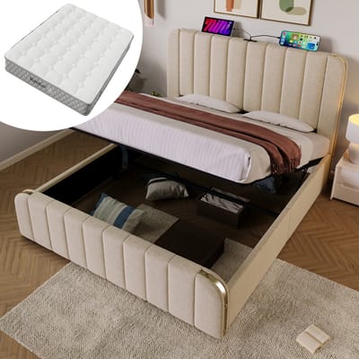 MODFU Gestoffeerd opbergbed – 140x200 cm – Met matras – USB-C – Beige linnen