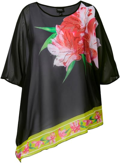Ulla Popken - Dames - Chiffon blouse dubbelgelaagd glitter bloemen ronde hals - Zwart - Maat 46+