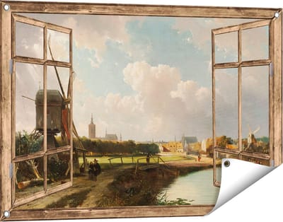 Gards Tuinposter Doorkijk Gezicht op Den Haag vanaf de Delftse Vaart in de Zeventiende Eeuw - Cornelis Springer - 90x60 cm - Tuindoek - Tuindecoratie - Wanddecoratie buiten - Tuinschilderij