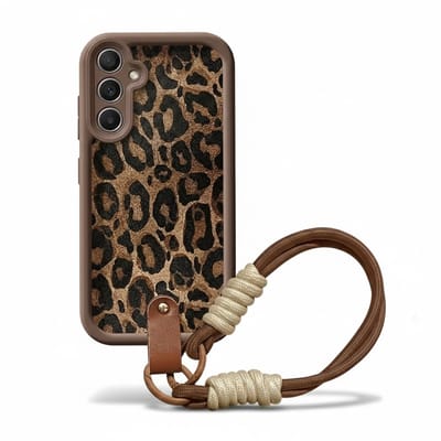Bruin luipaard print telefoon hoesje met koord geschikt voor Samsung A54 hoesje– backcover dames met panter dessin, afneembaar draagkoord en minimalistisch ontwerp