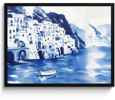 Poster in lijst - Fotolijst 70x50 cm - Posters - Dorp - Rotswand - Roeiboot - Water - Posterlijst zwart - Decoratie - Wanddecoratie woonkamer - Muurdecoratie slaapkamer