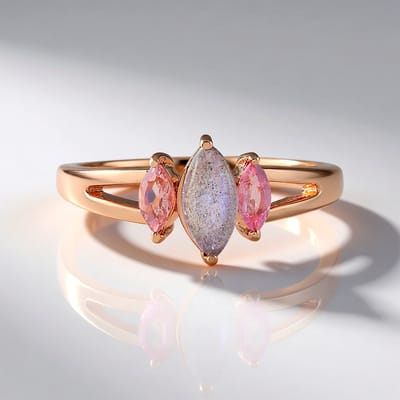 Cavill - Rosévergulde Ring - 925 Sterling Zilver - Minary Labradoriet 0,56 ct & Nigeriaanse Roze Toermalijn 0,26 ct - Elegant