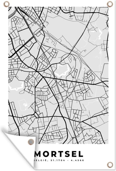 Muurdecoratie Plattegrond – Mortsel – Zwart Wit – Stadskaart - Kaart - 120x180 cm - Tuinposter - Tuindoek