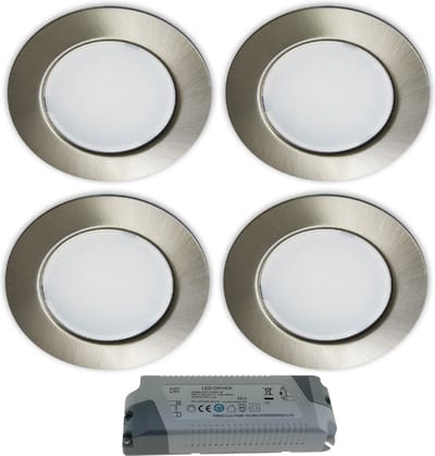 Trango Set van 4 G4E-042T LED meubel inbouwspots 12Volt AC/DC incl. 1 x LED transformator (12 Volt AC - 70 Watt) kast inbouwspot in RVS look, plafondlamp ter vervanging G4 halogeen meubelverlichting, afzuigkap verlichting
