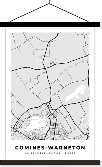 Posterhanger incl. Poster 40x60 cm - Schoolplaat - Zwart Wit – België – Plattegrond – Stadskaart – Kaart – Comines Warneton - Textielposter - Zwarte latten - Stadskaart