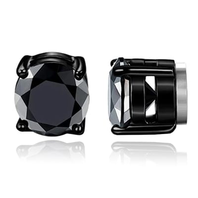 Heren oorbellen magnetisch zwart rond met een steen