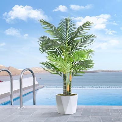 Drievoudige kunstplant palm voor buiten, 120 cm – Realistische goudkleurige decoratie