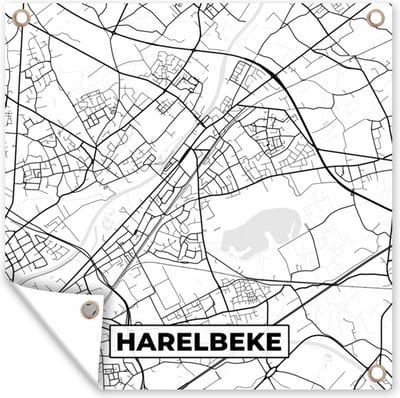 Tuin poster Stadskaart – Zwart Wit - Kaart – Harelbeke – België – Plattegrond - 200x200 cm - Tuindoek