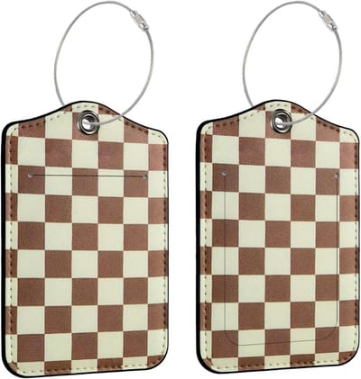 Set van 2 PU Leren Bagagelabels voor Koffers, Waterdichte Reislabels met Privacyflap en Metalen Lanyard, Ideaal voor Cruisebagage en Handtassen, Bruin Geruit Design