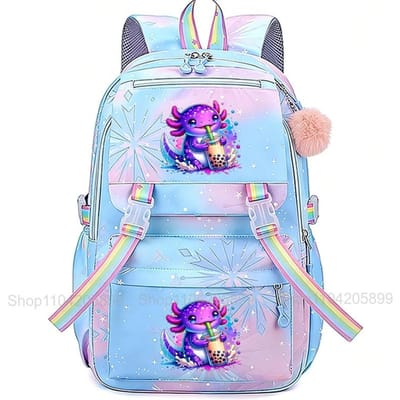 Regenboog Axolotl Boba Rugzak Schattige Cartoon Mochi Student Schooltas voor Meisjes Casual Reis Dagrugzak Grote Lichtgewicht Boekentas 16 inches