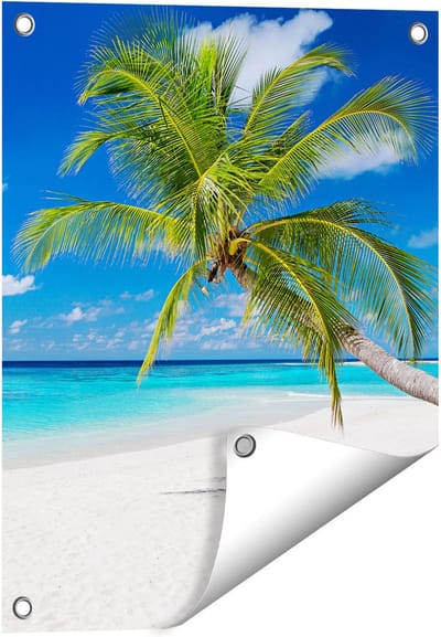 Gards Tuinposter Tropisch Strand met een Palmboom - 40x50 cm - Tuindoek - Tuindecoratie - Wanddecoratie buiten - Tuinschilderij