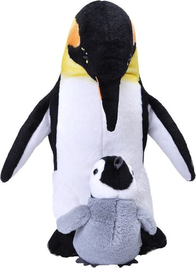 Wild Republic Pluche dieren knuffel - keizerspinguin met jong - 38 cm - Pinguin knuffels