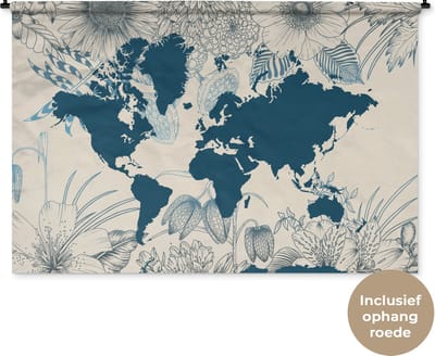 Wandkleed WereldkaartenKerst illustraties - Donkerblauwe wereldkaart versierd met illustraties van bloemen Wandkleed katoen 180x120 cm - Wandtapijt met foto