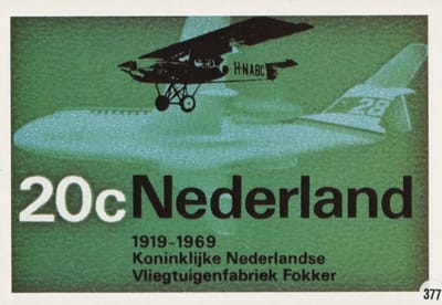 Briefkaart met afbeelding Fokker F2 en F28 postzegel