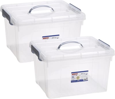Plasticforte Opslagbox AZUL serie - 2x - met deksel - transparant - 24 liter - 42 x 36 x 25 cm - kunststof - opbergdoos - opbergen