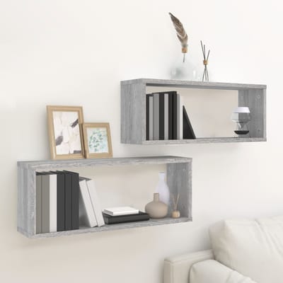 vidaXL - Wandschappen - kubus - 2 - st - 60x15x23 - cm - bewerkt - hout - grijs - sonoma