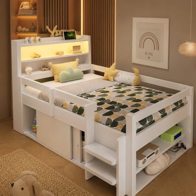 Kinderbed 90x200 cm - Eenpersoonsbed - Multifunctioneel bed - Opbergbed - Vloerbed - Met opbergvak - Met veiligheidsreling - Met LED-verlichting - Met USB-oplaadpoort - Veilig en comfortabel - Wit