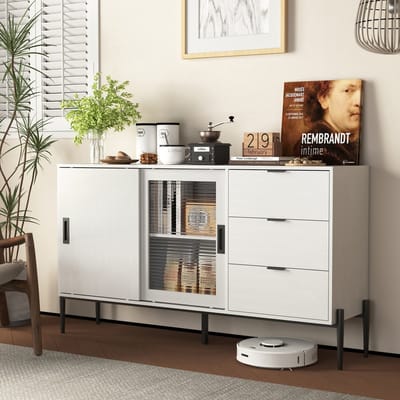 DESMIU Dressoir - Klassiek Design Met Geribbeld Glas En 3 Lades - Opbergkast Voor Hal Keuken En Woonkamer - Spaanplaat - Wit