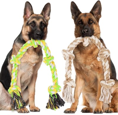 Hondentouw speelgoed voor grote honden 98 cm, 2 stuks XL stevig 5-knopen sterk hondenspeelgoed onverwoestbaar 100% katoen gedraaid touw speelgoed voor agressieve kauwers, tandenreiniging