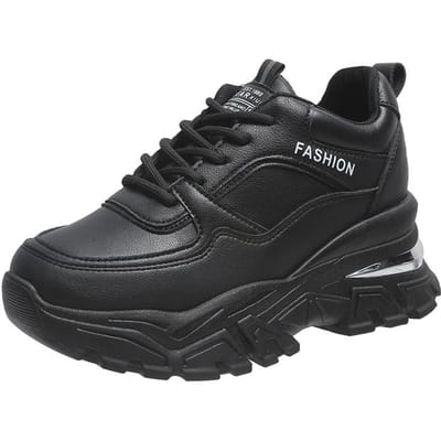 Rimocy Witte PU Leer Chunky Sneakers Dames Herfst Winter Platform Vulcaniseer Schoenen Vrouw Dikke Zool Verborgen Hakken Sportschoenen 39 zwart